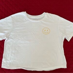 Rebellious One Cropped White Tee with Yellow Smiley